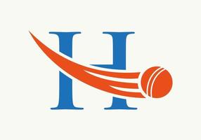 letra h concepto de logotipo de cricket con icono de bola de cricket en movimiento. plantilla de vector de símbolo de logotipo de deportes de cricket