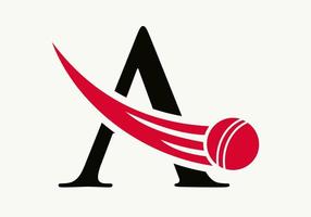 letra un concepto de logotipo de cricket con icono de bola de cricket en movimiento. plantilla de vector de símbolo de logotipo de deportes de cricket