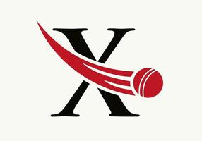 concepto de logotipo de letra x cricket con icono de bola de cricket en movimiento. plantilla de vector de símbolo de logotipo de deportes de cricket