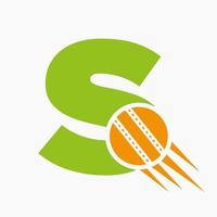 concepto de logotipo de cricket con letra s con icono de bola de cricket en movimiento. plantilla de vector de símbolo de logotipo de deportes de cricket