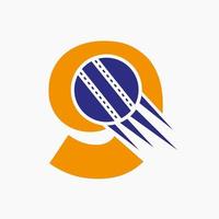 concepto de logotipo de cricket de la letra 9 con icono de bola de cricket en movimiento. plantilla de vector de símbolo de logotipo de deportes de cricket