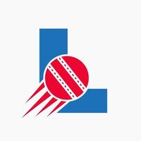 letra l concepto de logotipo de cricket con icono de bola de cricket en movimiento. plantilla de vector de símbolo de logotipo de deportes de cricket