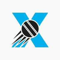 concepto de logotipo de letra x cricket con icono de bola de cricket en movimiento. plantilla de vector de símbolo de logotipo de deportes de cricket