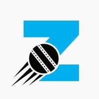 concepto de logotipo de cricket con letra z con icono de bola de cricket en movimiento. plantilla de vector de símbolo de logotipo de deportes de cricket