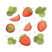 conjunto de fresas, conjunto de verano de fresas vectoriales, fresas vectoriales. garabatos de bayas frescas, productos veganos orgánicos, vectores de fresas jugosas