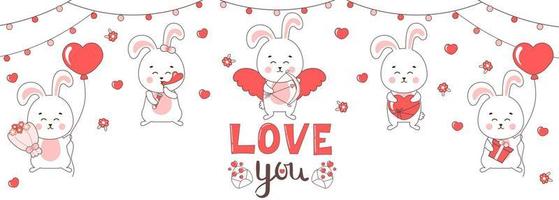 Banner for Valentine day with cute bunny characters with heart shaped balloons, flowers and giftsBanner for Valentine day with cute bunny characters with heart shaped balloons, flowers and gifts vector