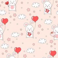 Cute Valentine day themed pattern with bunny characters and balloons, clouds and stars vector