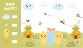 Printable how many game for kids with Easter themed characters and elements vector