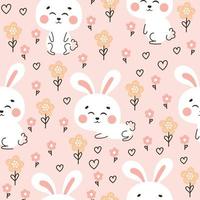 Cute rabbit themed seamless pattern with bunny character and flowers on pink background vector