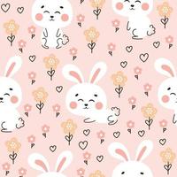 Cute rabbit themed seamless pattern with bunny character and flowers on pink background vector