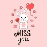 Miss you greeting card with cute bunny character and flowers and hearts around in doodle style vector