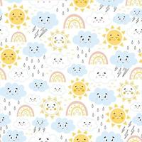 Seamless pattern with weather icons - sun and rainbows, rain and thunder in childish style. vector