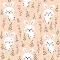 Cute rabbit themed seamless pattern with bunny character and flowers on light background vector