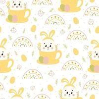 Cute Easter seamless pattern with bunny in cup with flowers, rainbows and eggs on white background vector