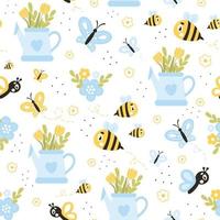 Cute springtime seamless pattern with bee and flowers in watering pot on white background vector