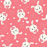 Cute Valentine themed seamless pattern with bunny character and hearts on pink background vector