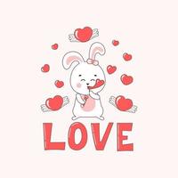 Love greeting card with cute bunny character and flying hearts around in doodle style vector