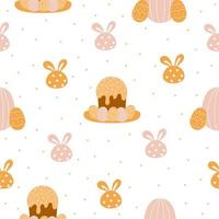 Cute spring seamless pattern with Easter cake, eggs and bunny on white background vector