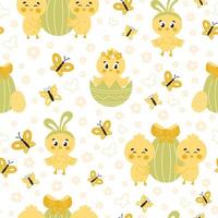 Cute Easter seamless pattern with chicks with eggs and butterflies on white background vector