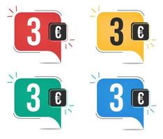 precio 3 euros. etiquetas de moneda amarillas, rojas, azules y verdes. concepto de globo con etiqueta de venta de tres euros. vector