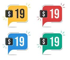 19 dollar price. Yellow, red, blue and green currency tags with balloon concept. vector