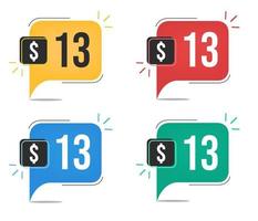 13 euro price. Yellow, red, blue and green currency tags with balloon concept. vector