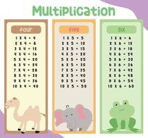 gráficos de tablas de multiplicar con diseño de animales lindos para niños. ilustración de tabla de tiempo de matemáticas para niños. archivo de ilustración vectorial. vector