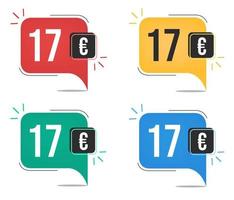 Precio 17 euros. etiquetas de moneda amarillas, rojas, azules y verdes con concepto de globo. vector