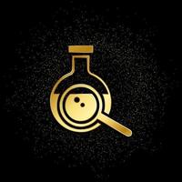 Flask, magnifier gold icon. Vector illustration of golden particle background. Gold vector icon