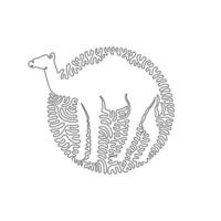 Continuous curve one line drawing of standing camel abstract art in circle. Single line editable stroke vector illustration of adorable camel for logo, wall decor, poster print decoration