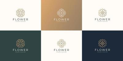 set of flower feminine design. icon floral logo set line minimalist with golden color inspiration. vector