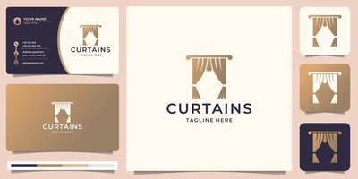 curtains logo with modern golden style color and business card template design. vector