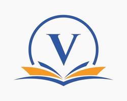 concepto de libro de logotipo de educación letra v. signo de carrera de formación, universidad, diseño de plantilla de logotipo de graduación de academia vector