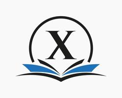 concepto de libro de logotipo de educación letra x. signo de carrera de formación, universidad, diseño de plantilla de logotipo de graduación de academia vector