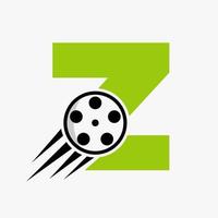 concepto de logotipo de película de letra z con carrete de película para señal de medios, plantilla de vector de símbolo de director de película