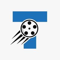 Letter T Film Logo Concept With Film Reel For Media Sign, Movie Director Symbol Vector Template