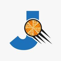logotipo inicial de la cafetería del restaurante de la letra j con plantilla de vector de concepto de pizza