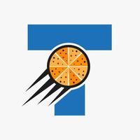 Initial Letter T Restaurant Cafe Logo With Pizza Concept Vector Template