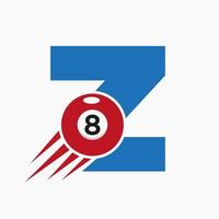 Letter Z Billiards or Pool Logo Design For Billiard Room or 8 Ball Pool Club Symbol Vector Template