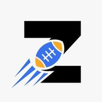 concepto de logotipo de rugby letra z con icono de pelota de rugby en movimiento. plantilla de vector de símbolo de logotipo de deportes de rugby