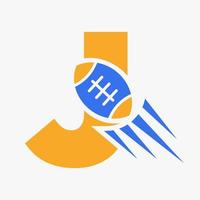 letra j concepto de logotipo de rugby con icono de pelota de rugby en movimiento. plantilla de vector de símbolo de logotipo de deportes de rugby