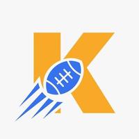 Letter K Rugby Logo Concept With Moving Rugby Ball Icon. Rugby Sports Logotype Symbol Vector Template