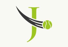 concepto de logotipo de tenis letra j con icono de pelota de tenis en movimiento. tenis deportes logotipo símbolo vector plantilla