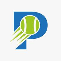 concepto de logotipo de tenis letra p con icono de pelota de tenis en movimiento. tenis deportes logotipo símbolo vector plantilla