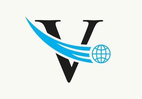 concepto de logotipo mundial de letra v con plantilla de vector de icono global en movimiento