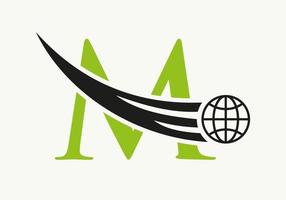 Letter M World Logo Concept With Moving Global Icon Vector Template