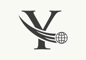 concepto de logotipo mundial de letra y con plantilla de vector de icono global en movimiento