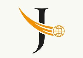 Letter J World Logo Concept With Moving Global Icon Vector Template