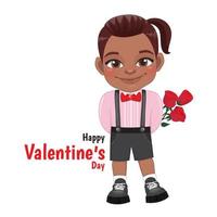 Valentine s day with American African little boy holding bouquet of roses cartoon character design vector