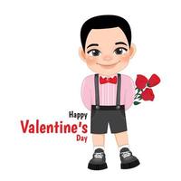 Valentine s day with little boy holding bouquet of roses cartoon character design vector